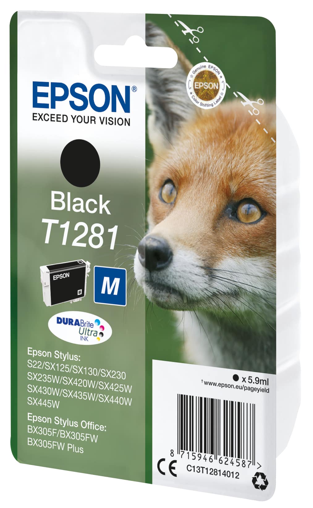 EPSON T1281 - 5.9 ML - TAILLE M - NOIR - ORIGINAL - BLISTER - CARTOUCHE D'ENCRE - POUR STYLUS S22, SX130, SX230, SX235, SX430, SX435, SX438, SX440, SX445, STYLUS OFFICE BX305